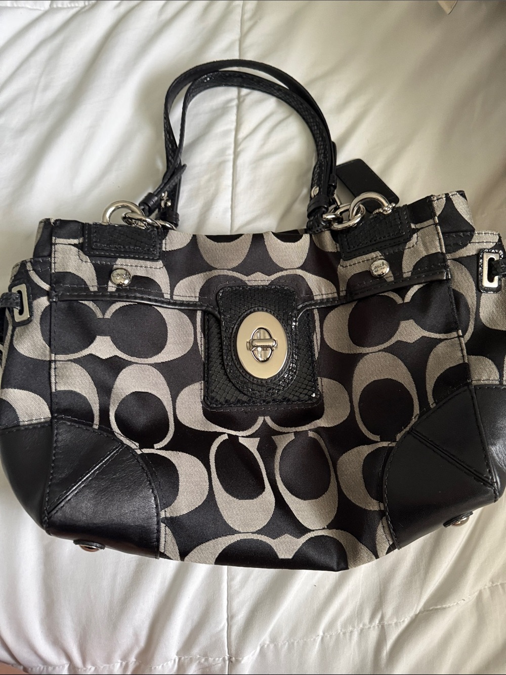 Vintage Coach Black and Gray Signature Turn-Lock Tote